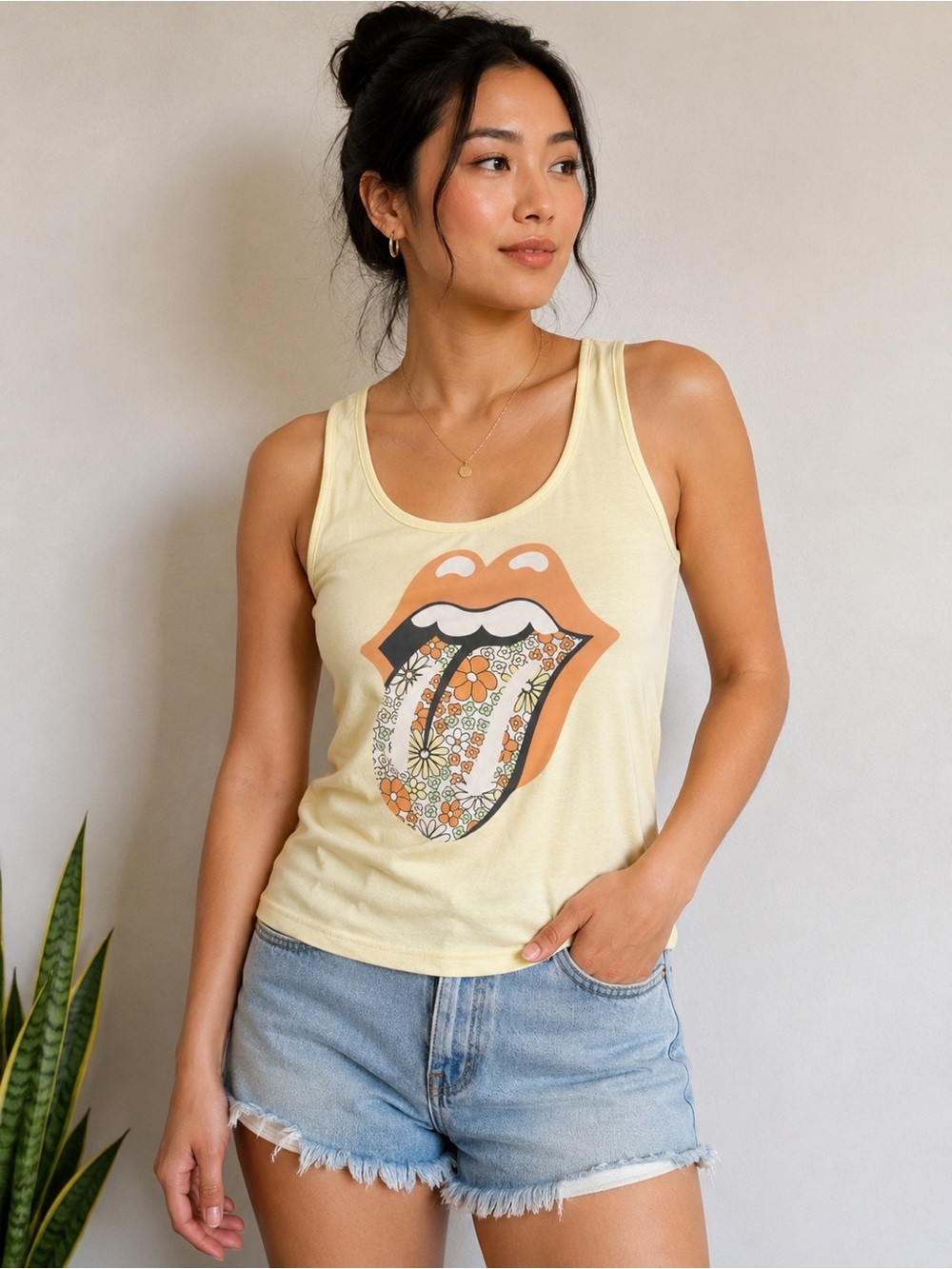 Rolling Stones Floral Tongue Graphic Tank Top Women's XS Yellow